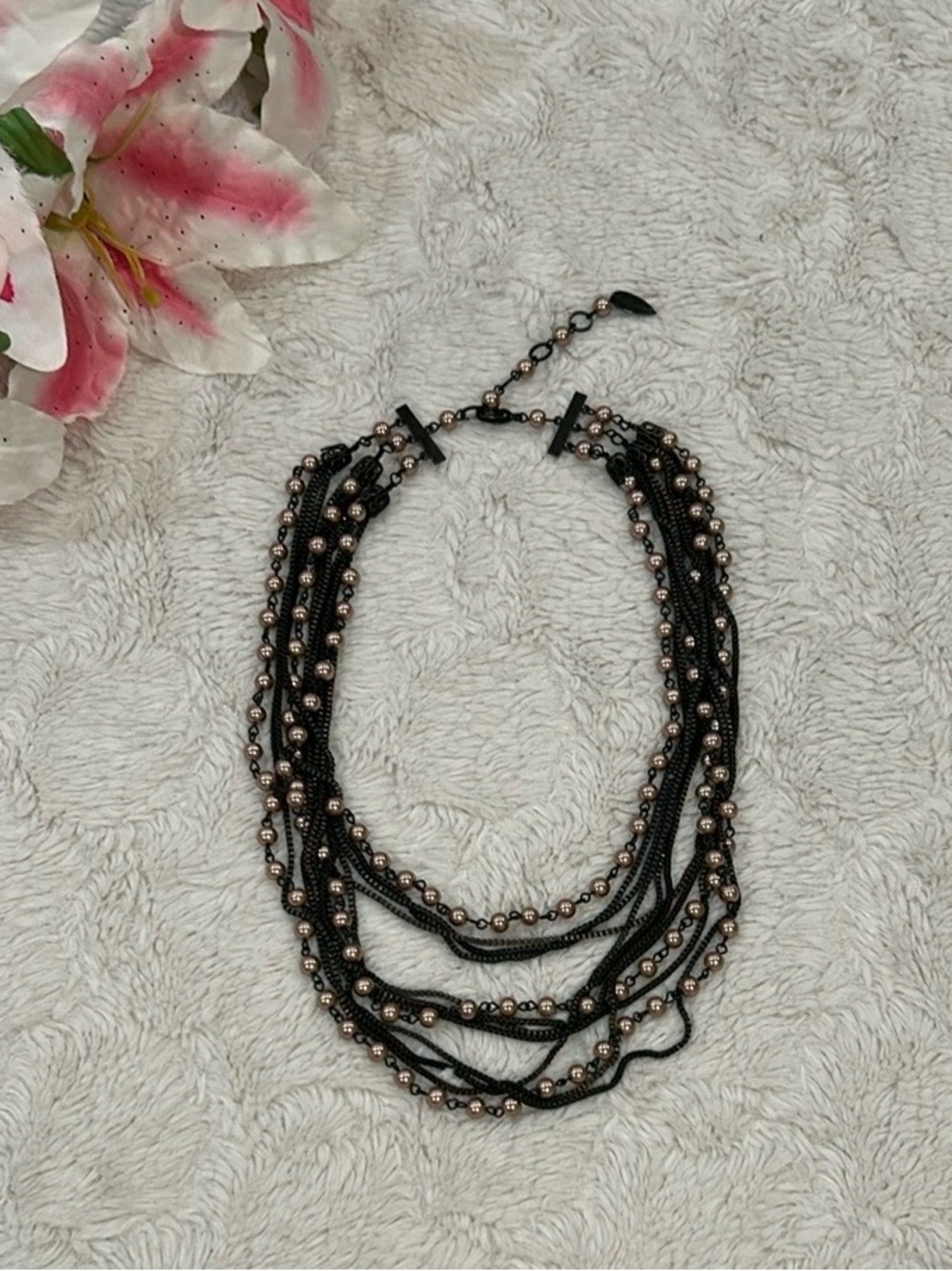 Coldwater Creek - Multi-Strand Black and Rose Gold Bead Necklace